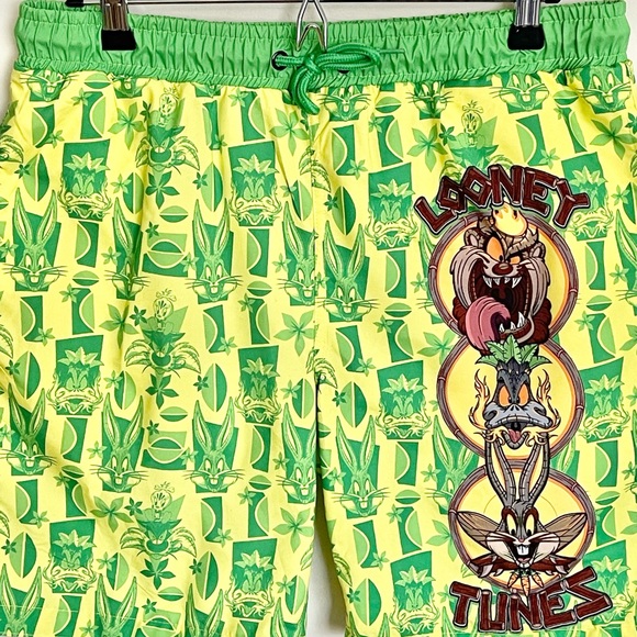Looney Tunes Tiki Taz Bugs Daffy Graphic Yellow Green Swim Trunks Men’s Medium - Picture 5 of 12